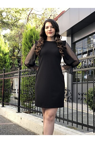 AYHAN Black Organza Sleeve Detail Evening Dress Women's Dress