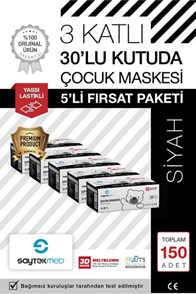SAYTEKMED Premium Siyah Çocuk Maskesi, 3 Katlı Meltblown Filtreli, Yassı Kula...