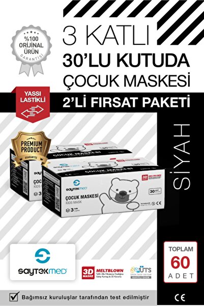 SAYTEKMED Premium Siyah Çocuk Maskesi, 3 Katlı Meltblown Filtreli,yassı Kulak Ipli (2 KUTU/60 ADET)