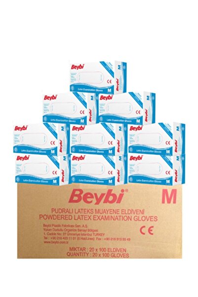 Beybi Pudralı Lateks Muayene Eldiveni - M Beden - 1 Koli 20 Kutu 100'lü Paket
