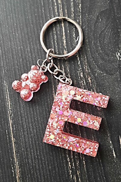 nursstore Gülkurusu Ayıcık Figürlü E Harf Epoksi Anahtarlık Hediyelik Harf An...