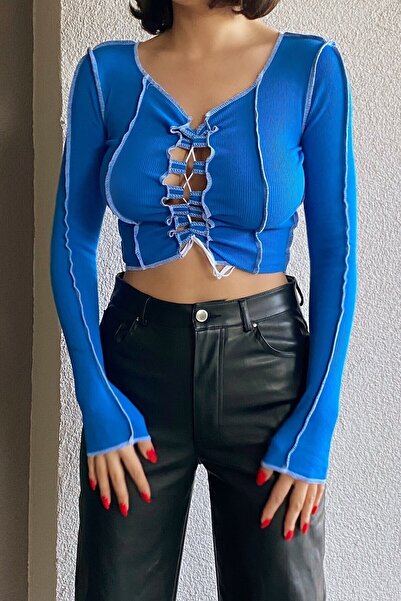 ecemore بلوزة ساكس برباط أمامي وخياطة متباينة Pnk-1518 Pnk-1518