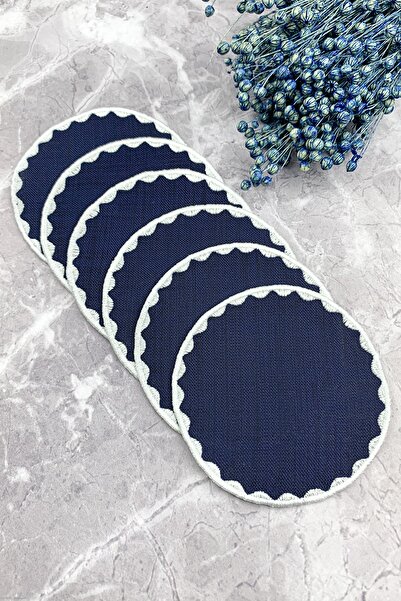 WEARE2 Șervețele de cocktail rotunde, brodate, de culoare bleumarin, set de 6...