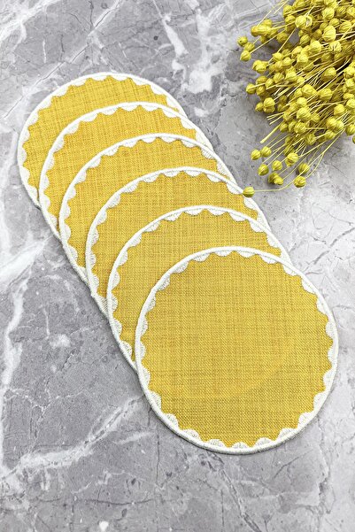 WEARE2 Set de 6 șervețele de cocktail rotunde, brodate, de culoare muștar