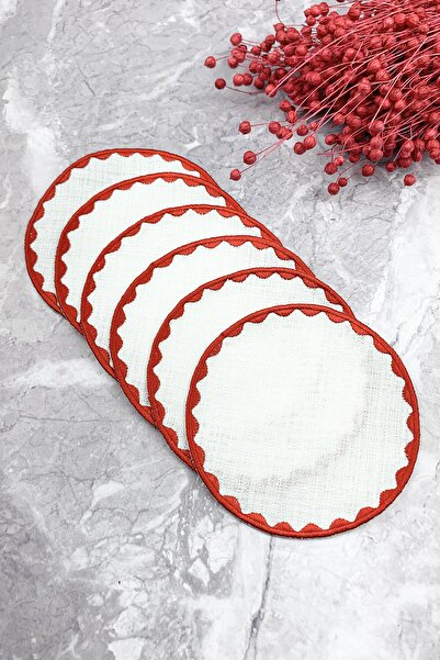 WEARE2 Șervețele de cocktail rotunde, brodate, de culoare roșie, set de 6 bucăți