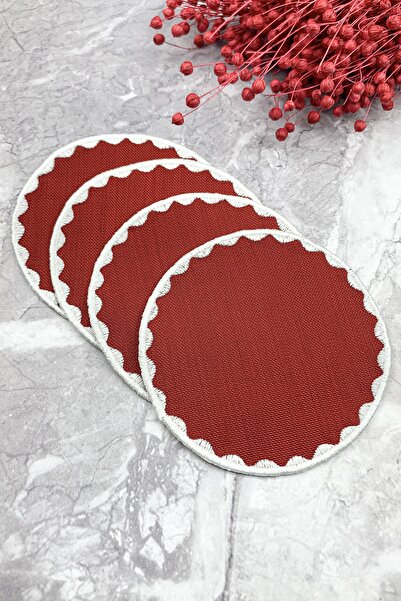 WEARE2 Șervețele de cocktail rotunde, brodate, de culoare burgundă, pachet de 4