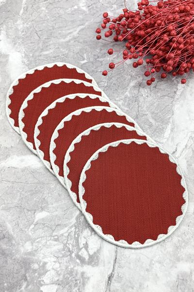 WEARE2 Χρώμα Βουργουνδίας, Στρογγυλές Κεντημένες Χαρτοπετσέτες Κοκτέιλ, Σετ 6...