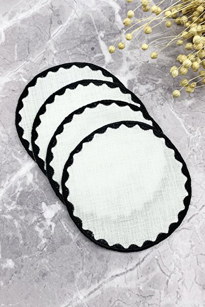 WEARE2 Șervețele de cocktail rotunde, brodate, de culoare neagră, pachet de 4