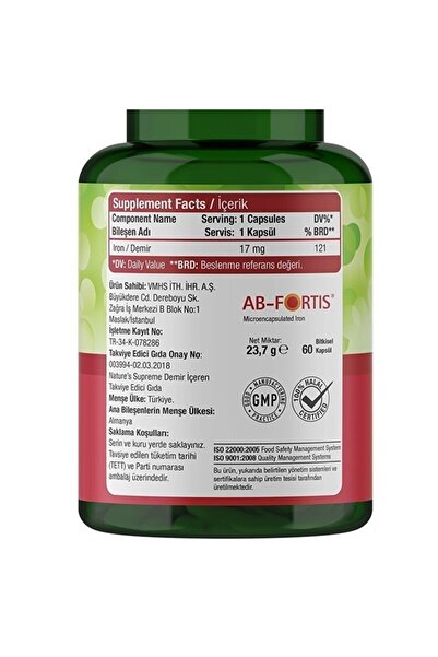 Nature's Supreme Iron 17 Mg 60 Kapsül