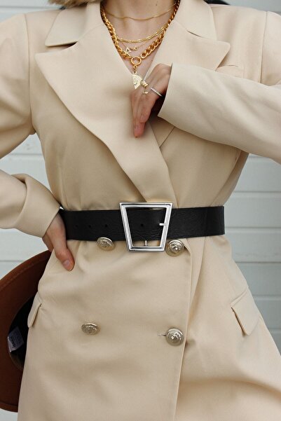 KISCHE Asymmetric Silver Color Buckle Retro Style Model Women's Unisex Black Belt