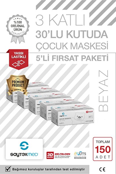 SAYTEKMED Premium Beyaz Çocuk Maskesi, 3 Katlı Meltblown Filtreli, Yassı Kula...
