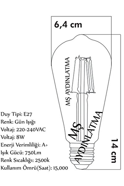 MŞ Aydınlatma E27 Duylu Armut 8 Watt Gün Işığı Led Filament Rustik Ampul