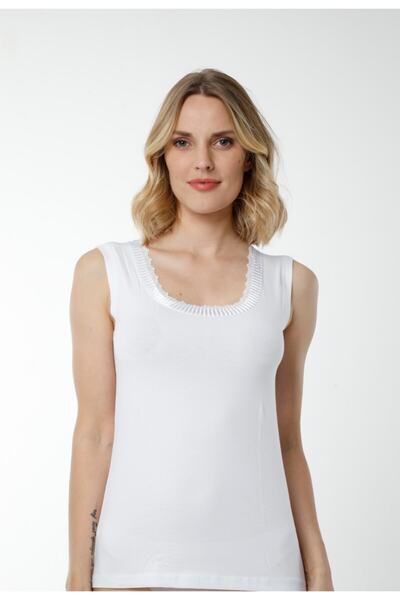 Hmd Atlet de damă din bumbac alb, cu detaliu la guler, textura confortabilă, cu bretele groase