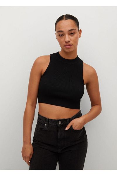 MANGO Woman Women's Black Ribbed Crop Top