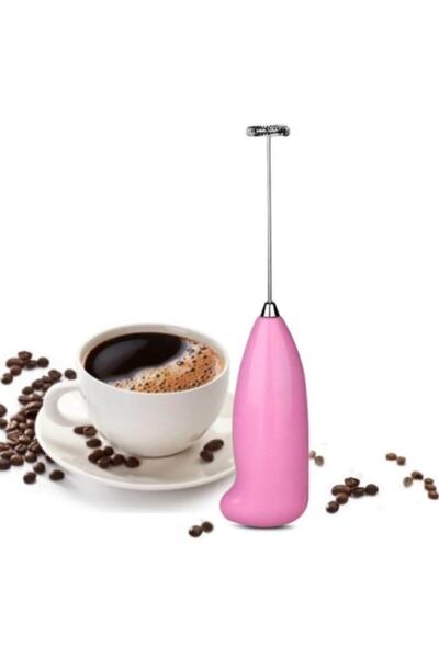 MUJGAN Coffee Whisk Pilli Metal Çırpıcı Mini Mixer - Pembe