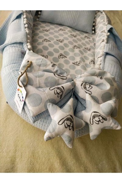 Raduga Collection % 100 Pamuklu Waffle Pike, Poplin Kumaş Ponponlu Babynest + Yastık Mavi Tavşan