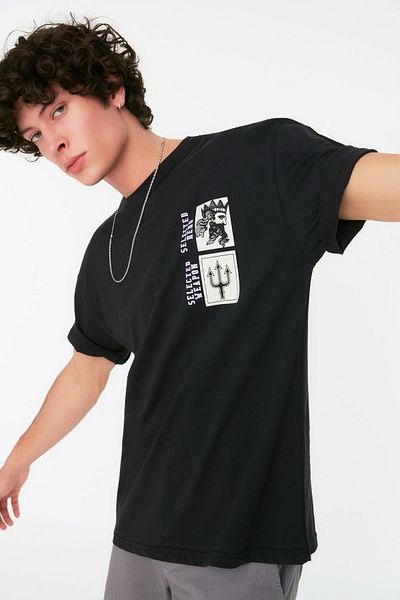 Trendyol Collection Καλλιτεχνικό εμπριμέ μαύρο βαμβακερό μπλουζάκι - TMNSS21TS3559