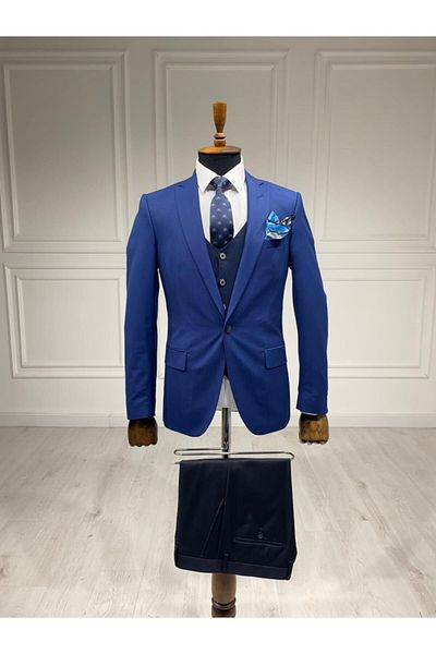 Sarar Interview Happy New Slim Fit Combination Blue Suit