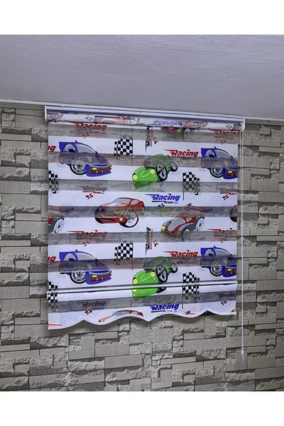 PERDECİNİZ Children's Room Car Printed Zebra Curtain (with Skirt)