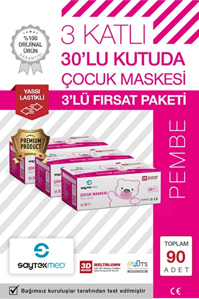 SAYTEKMED Premium Pembe Çocuk Maskesi, 3 Katlı Meltblown Filtreli,yassı Kulak...