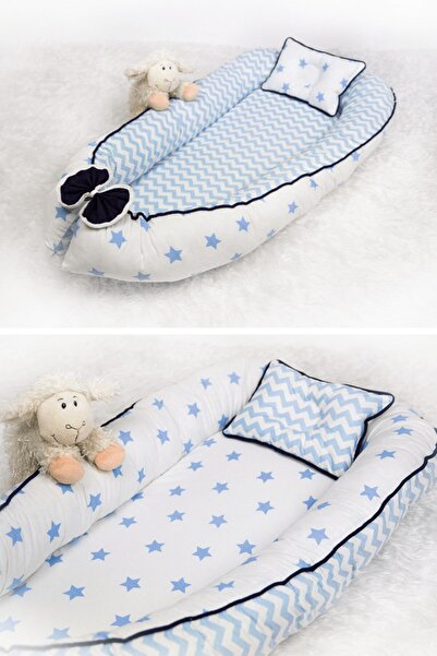 Babynest Yatak Ve Ortopedik Yastık Mavi Yıldız Ve Zikzak Fitilli
