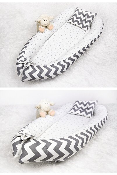 Babynest Yatak Ve Ortopedik Yastık Gri Minik Yıldız Ve Kalın Zikzak