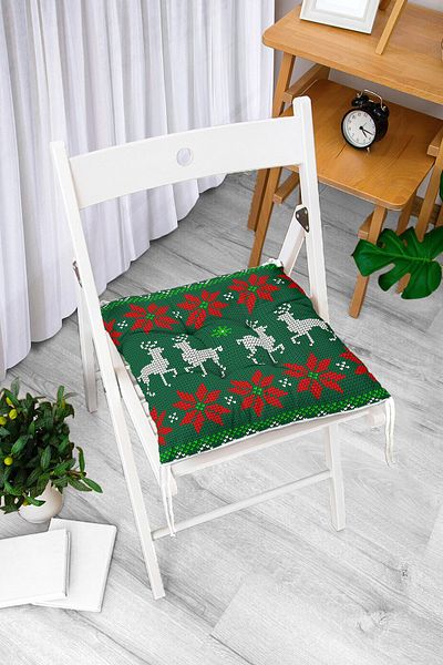 Realhomes Fluffy Square Chair Cushion with New Year's Deers Pattern on Green Background