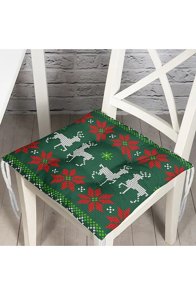 Realhomes Fluffy Square Chair Cushion with New Year's Deers Pattern on Green Background