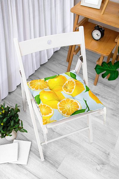 Realhomes Lemon Patterned Fluffy Square Chair Cushion with Blue Background