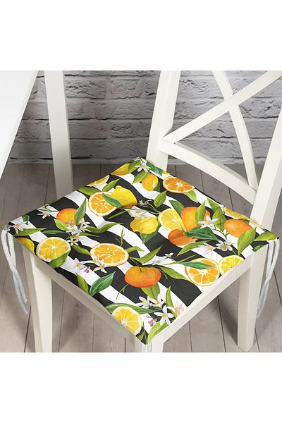 Realhomes Lemon Patterned Fluffy Square Chair Cushion with Striped Black Background