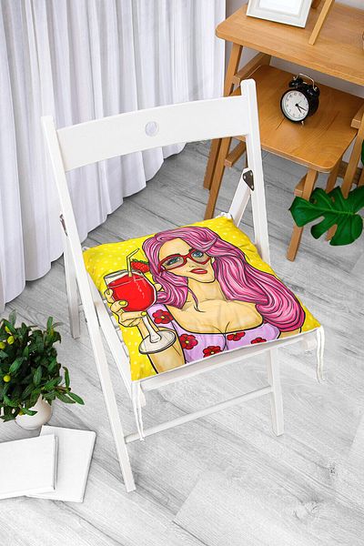 Realhomes Popart Girl Patterned Fluffy Square Chair Cushion with Yellow Background