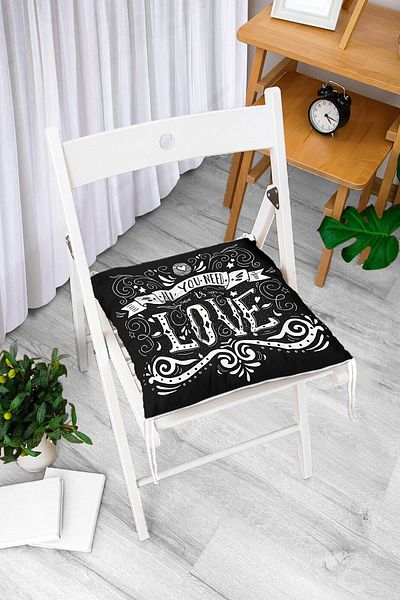 Realhomes Black Love Printed Fluffy Square Chair Cushion