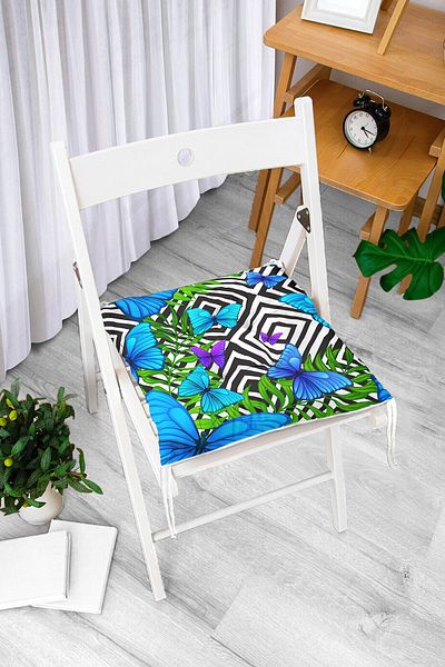 Realhomes Blue Butterfly Printed Fluffy Chair Cushion with Geometric Background