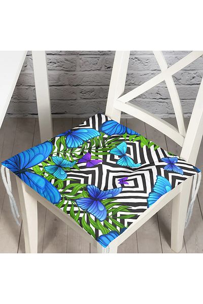 Realhomes Blue Butterfly Printed Fluffy Chair Cushion with Geometric Background