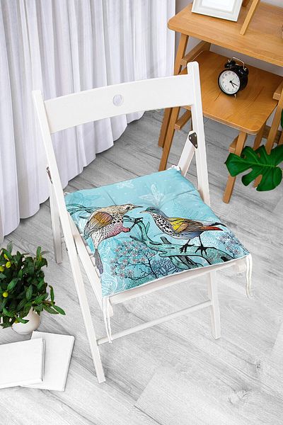 Realhomes Blue Bird Patterned Digital Printed Fluffy Square Chair Cushion