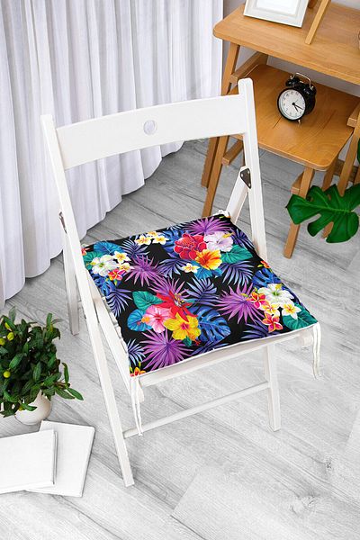 Realhomes Pofidik Square Chair Cushion with Colorful Flowers Design on Black Background