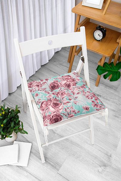 Realhomes Pofidik Square Chair Cushion with Pink Roses on Blue Background