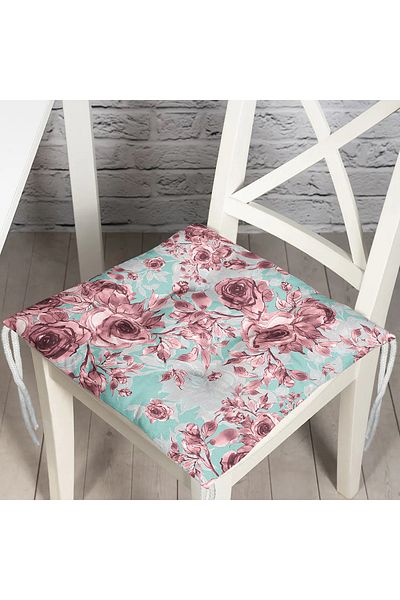 Realhomes Pofidik Square Chair Cushion with Pink Roses on Blue Background