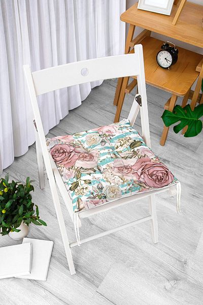 Realhomes Blue Line Patterned Jar Flower Motif Fluffy Chair Cushion