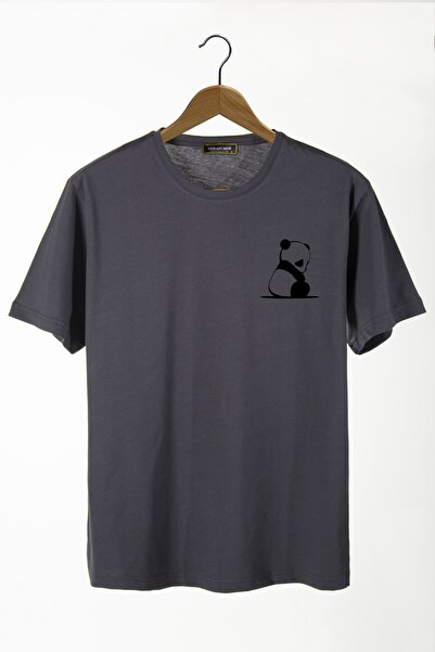 COLLIE Tricou de bază pentru bărbați, gri, cu imprimeu Panda, cu gâtul tip cr...