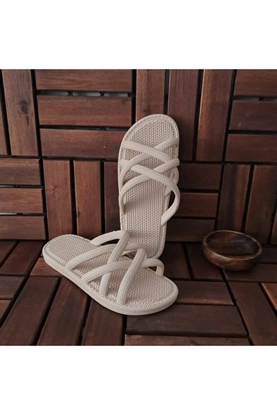 MODA SENİ Women's Beige Daily Straw Look Soft Plastic Sole Slippers