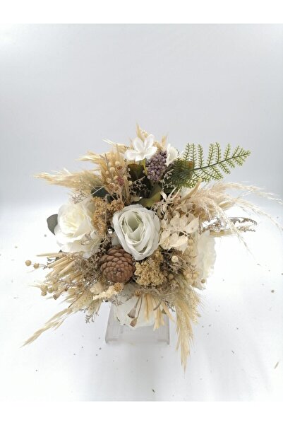 Doğa Çiçek Atölyesi Beyaz Kuru Otlu Gelin El Buketi