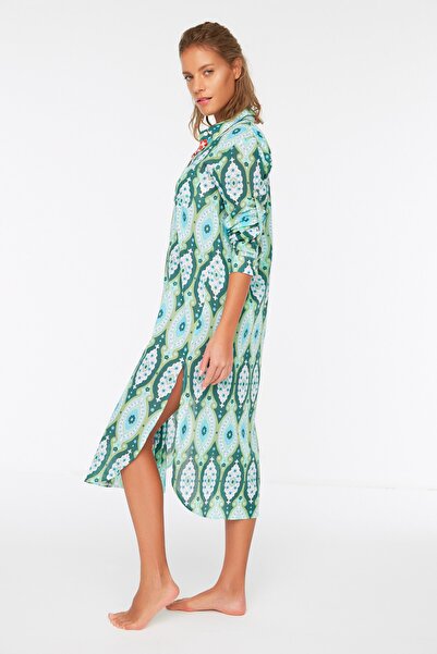 Trendyol Collection Green Ethnic Printed Long Voile Beach Kimono&Beach Kaftan TBESS20KM0017