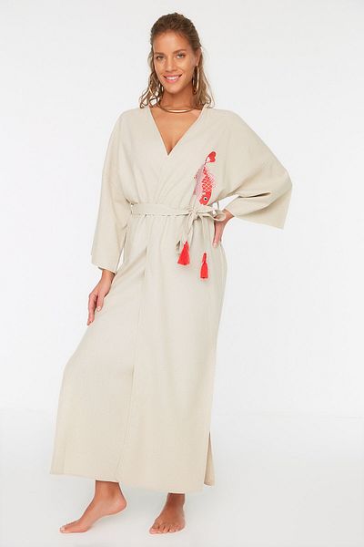 Trendyol Collection Korallenroter Maxi-Kimono und Kaftan aus gewebter, bestickter Leinenmischung mit Gürtel, 100 % Baumwolle, TBESS20KM0051