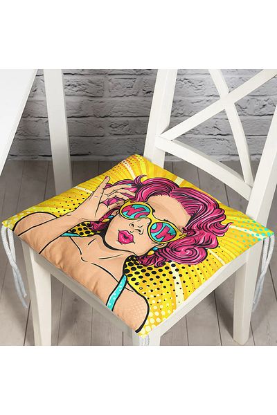 Realhomes Pop Art Girl Patterned Fluffy Square Chair Cushion with Yellow Background