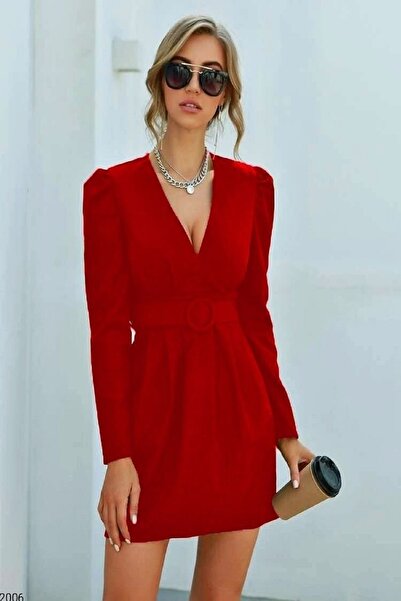 NKTCOLLECTİON Kadın Krep Kumaş Kemer Detaylı Pileli Uzun Kol Mini Elbise