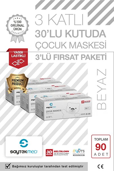 SAYTEKMED Premium Beyaz Çocuk Maskesi, 3 Katlı Meltblown Filtreli,yassı Kulak...