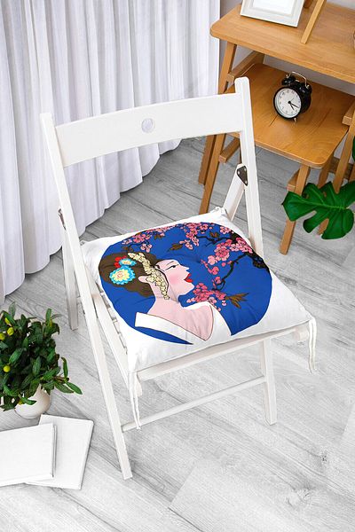 Realhomes Pernă de scaun pufoasă decorativă cu motiv de fată japoneză cu motive florale