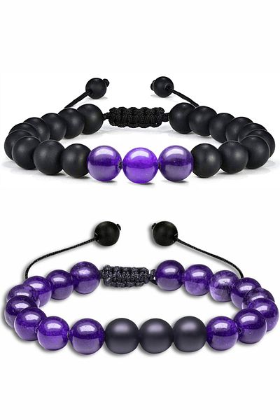 Tesbih Atölyesi Certified Natural Purple Agate Onyx Stone Natural Stone Bracelet Set