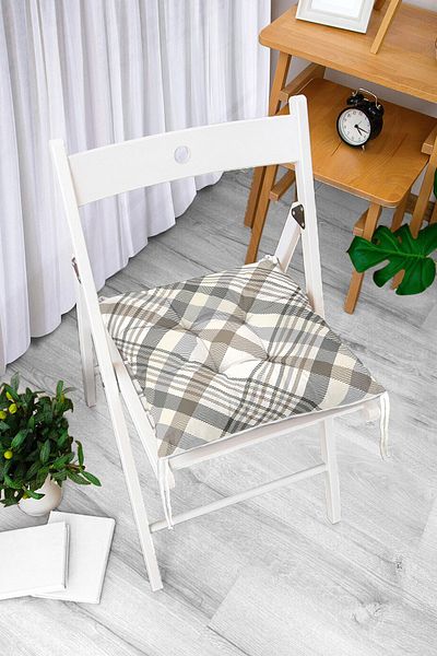 Realhomes Gray Cream Plaid Patterned Digital Printed Fluffy Square Chair Cushion